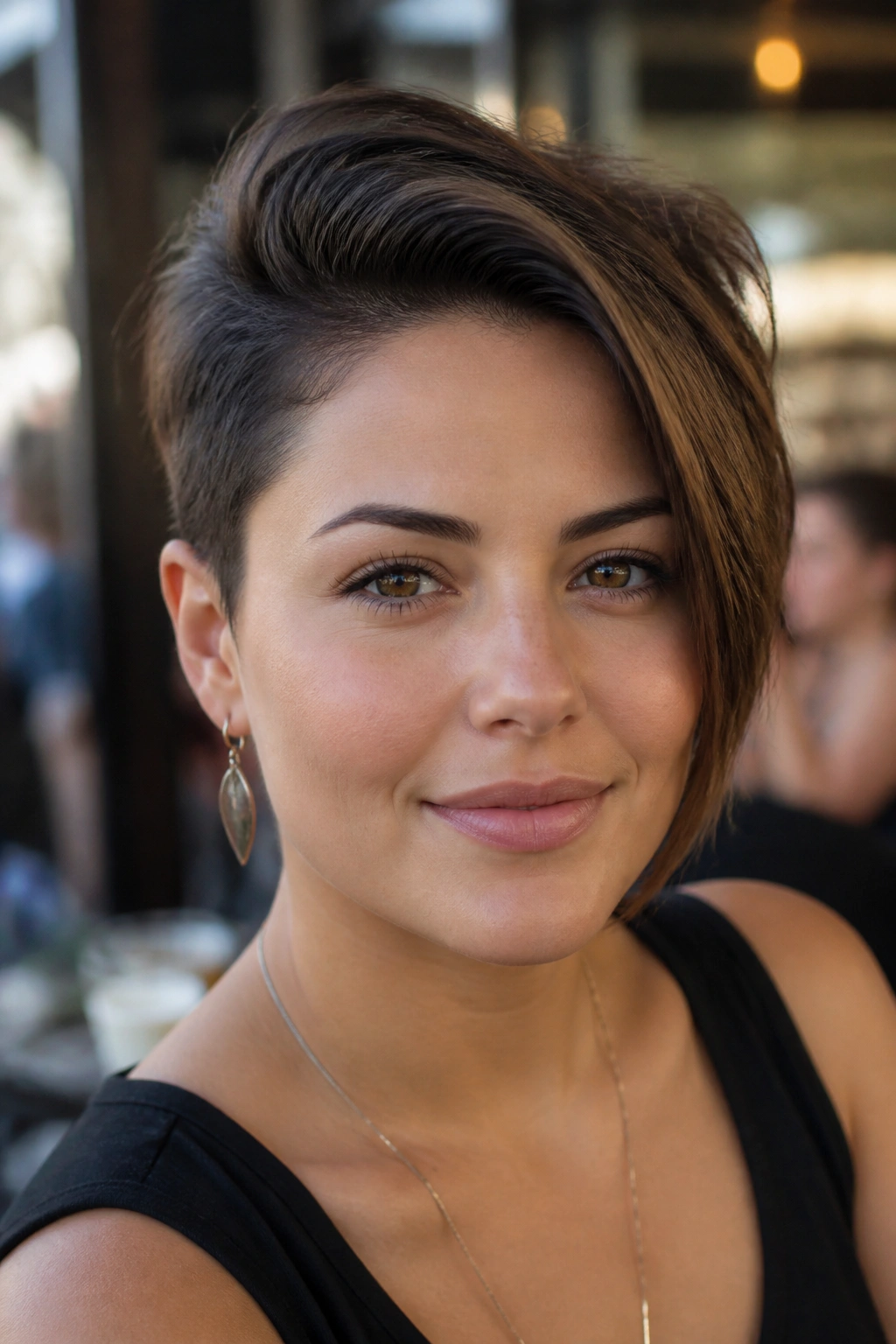 Close-up of a real person with a side swept crop and crown volume