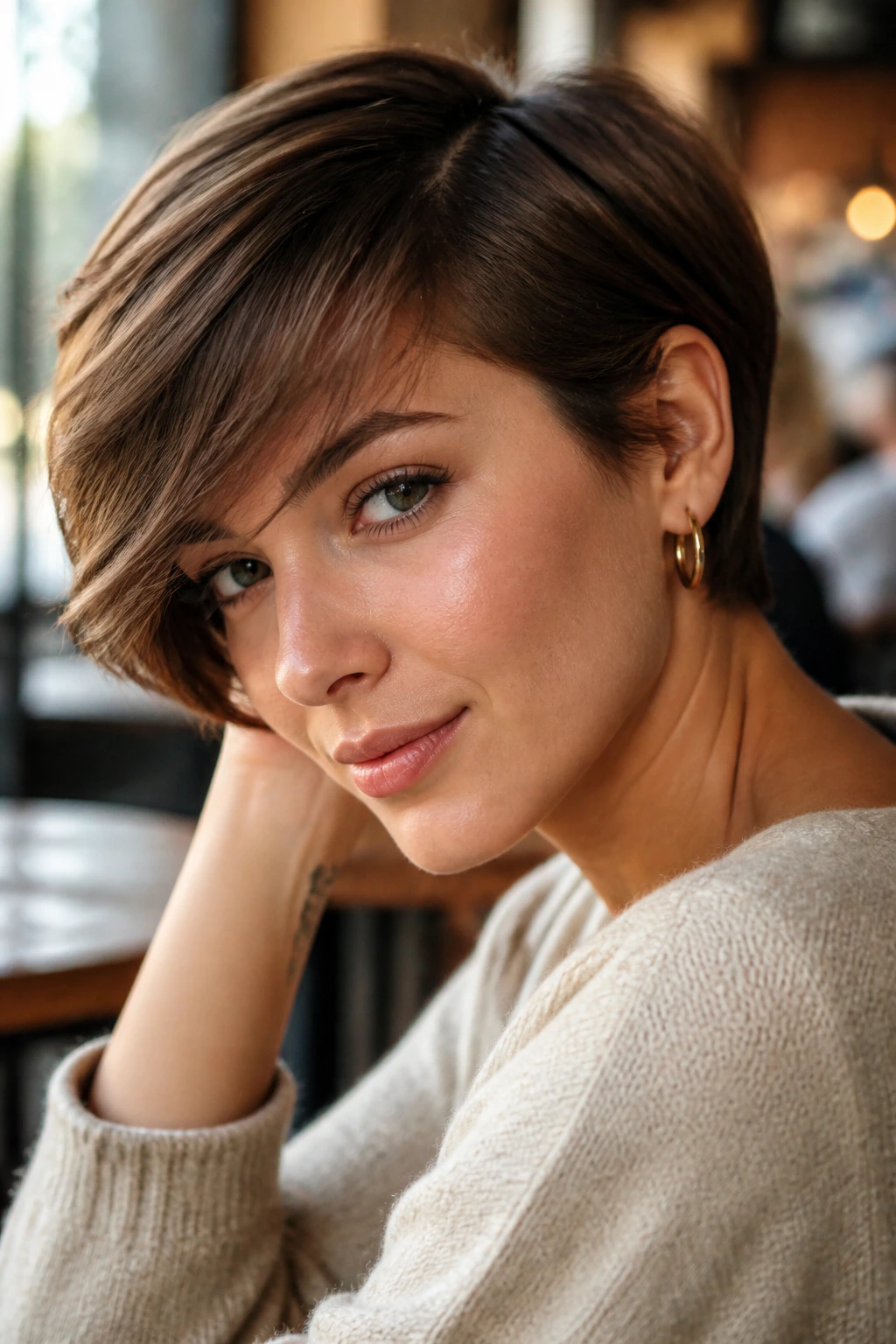 Portrait of a woman with side-swept crop and ear tuck in cafe light