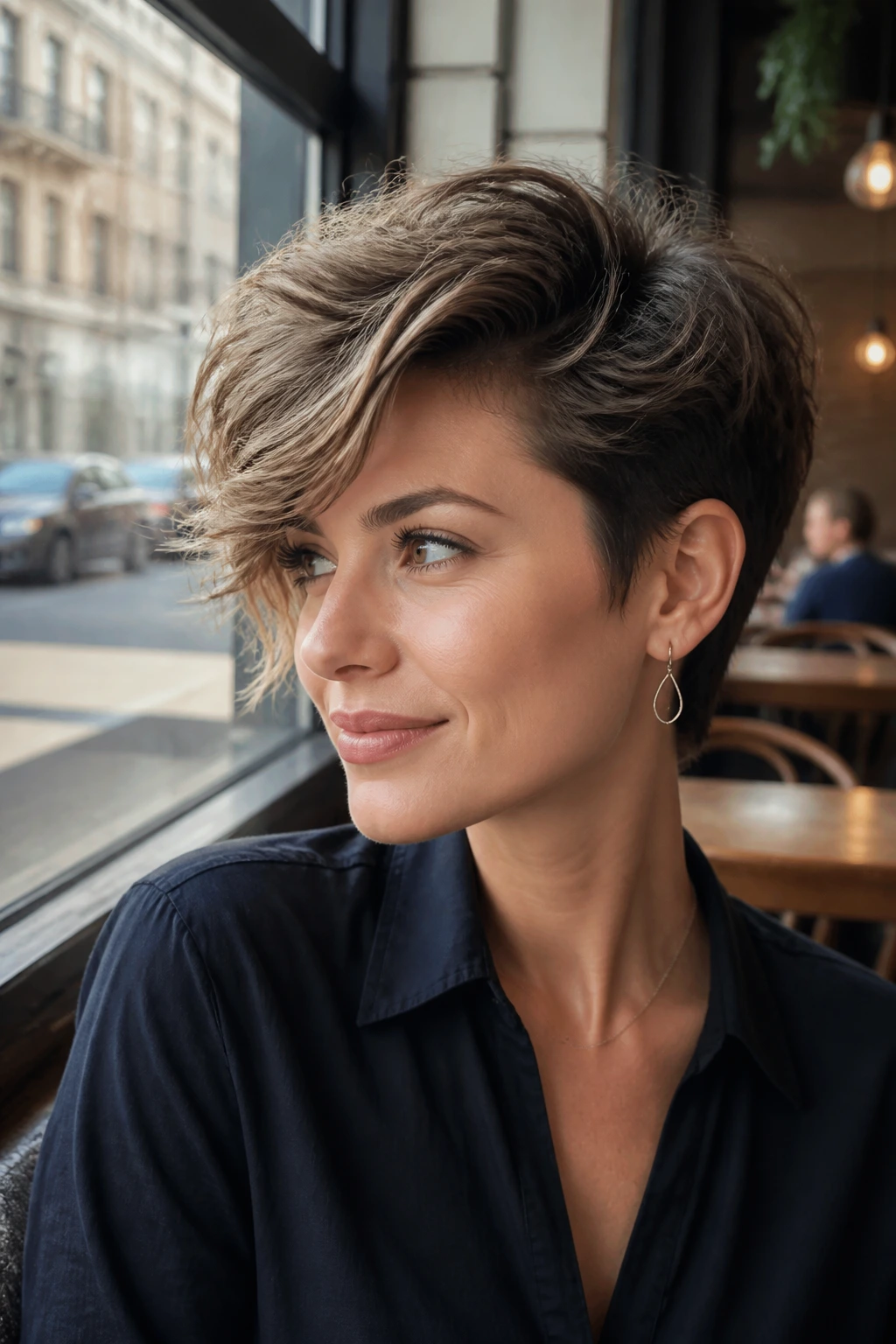 Close-up of a woman with side-swept crop hairstyle.