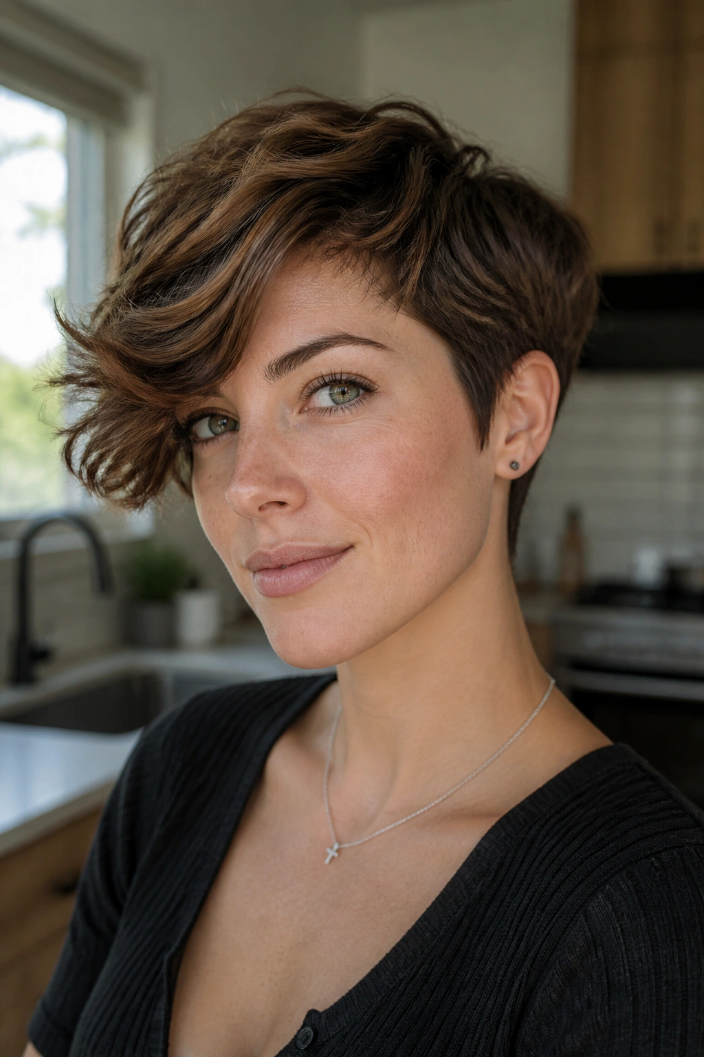 Portrait of a woman with side-swept crop hairstyle in kitchen lighting