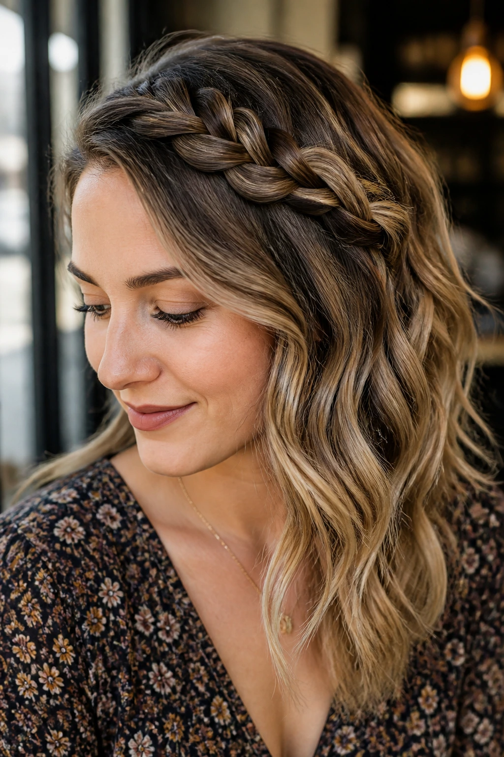 Close-up of a real woman with a side-swept crown braid