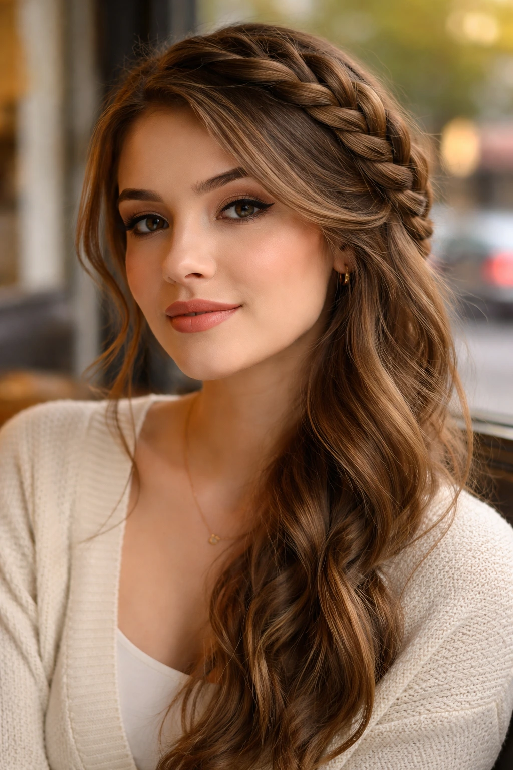 Close-up of a real woman with a side-swept crown braid in a cafe setting