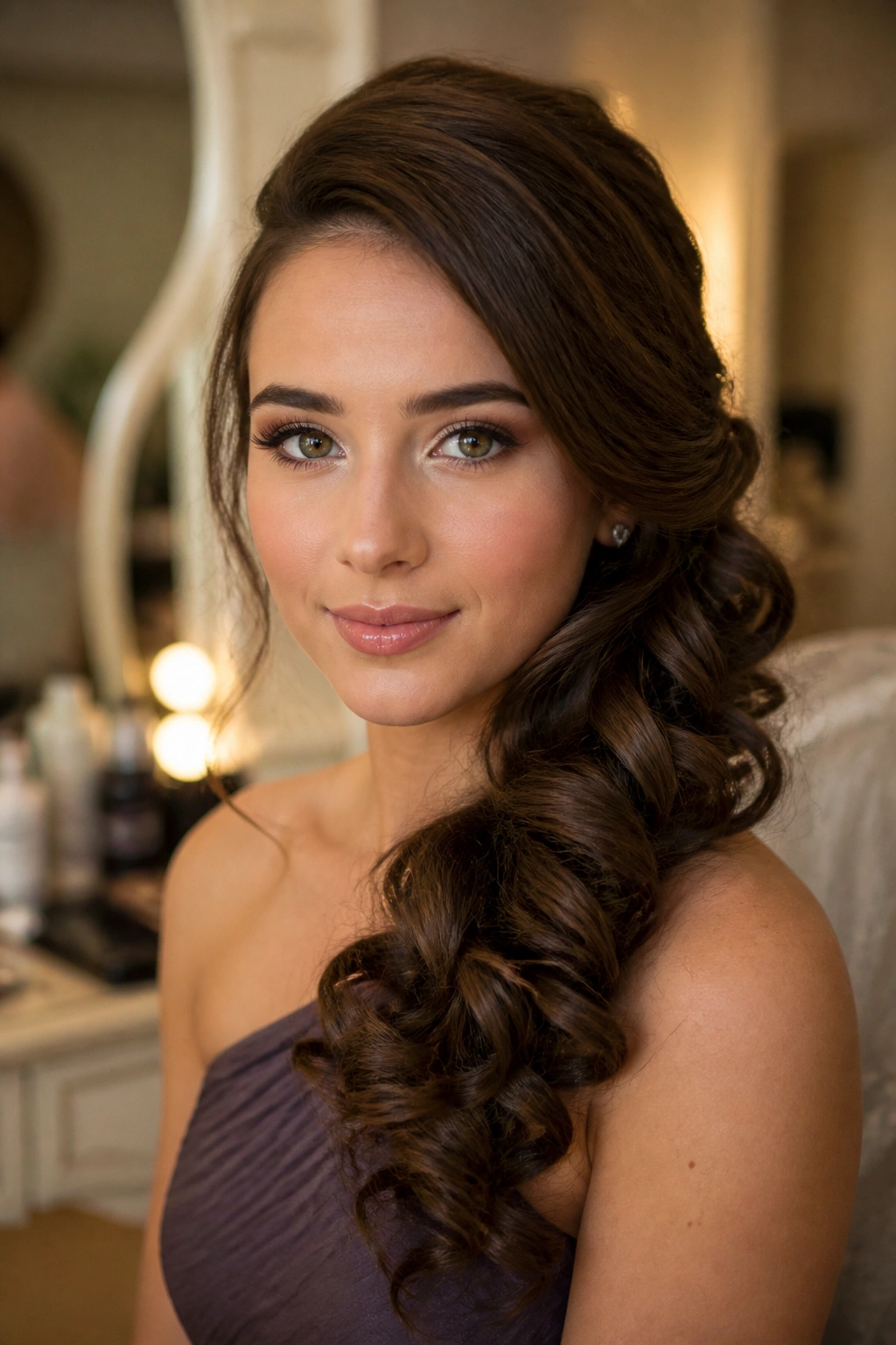 Close-up of a real woman with side-swept curls cascading over one shoulder.