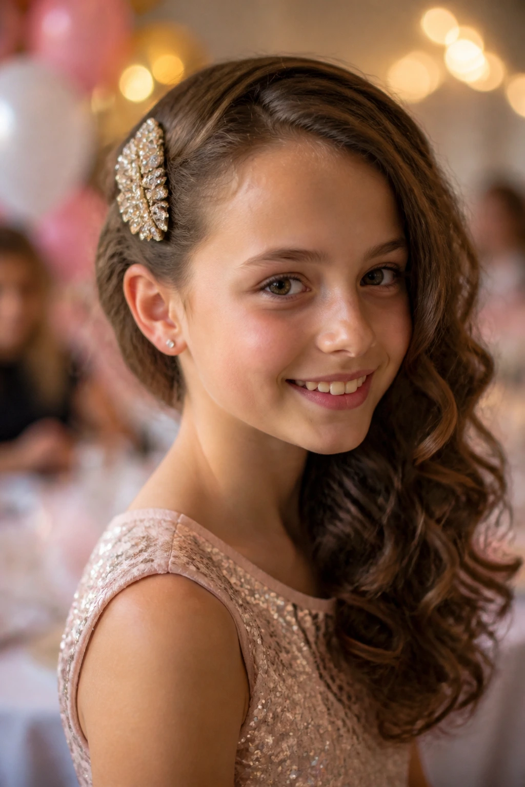Girl with side-swept curls and a large barrette at a party