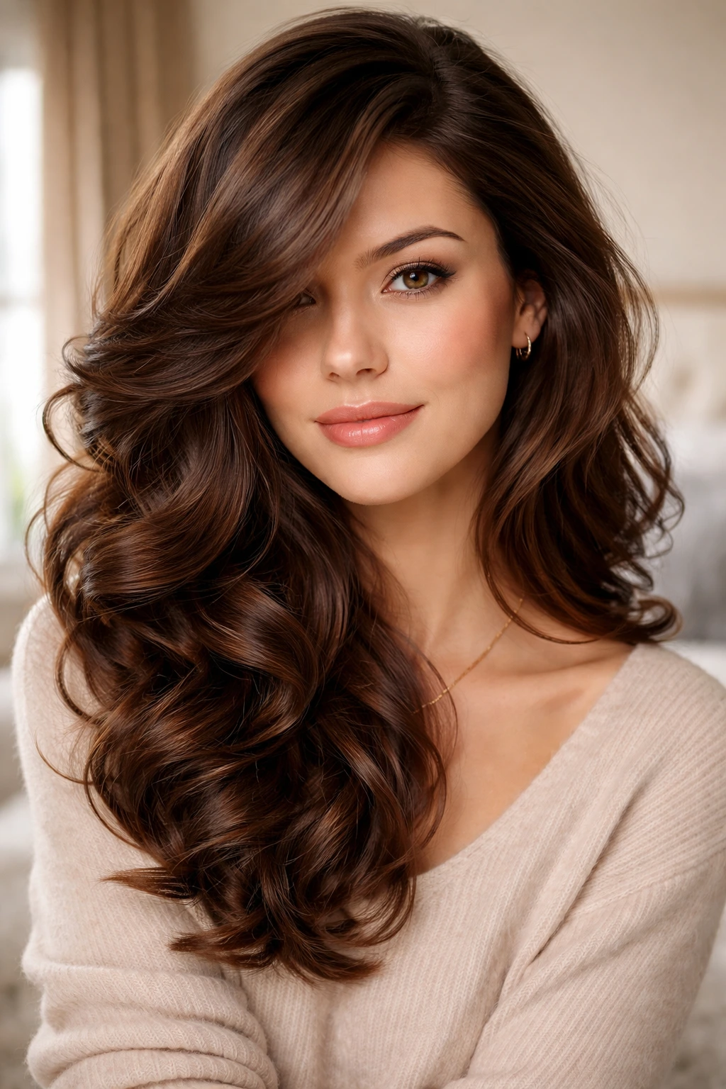 Real woman with side-swept chocolate layers framing her face