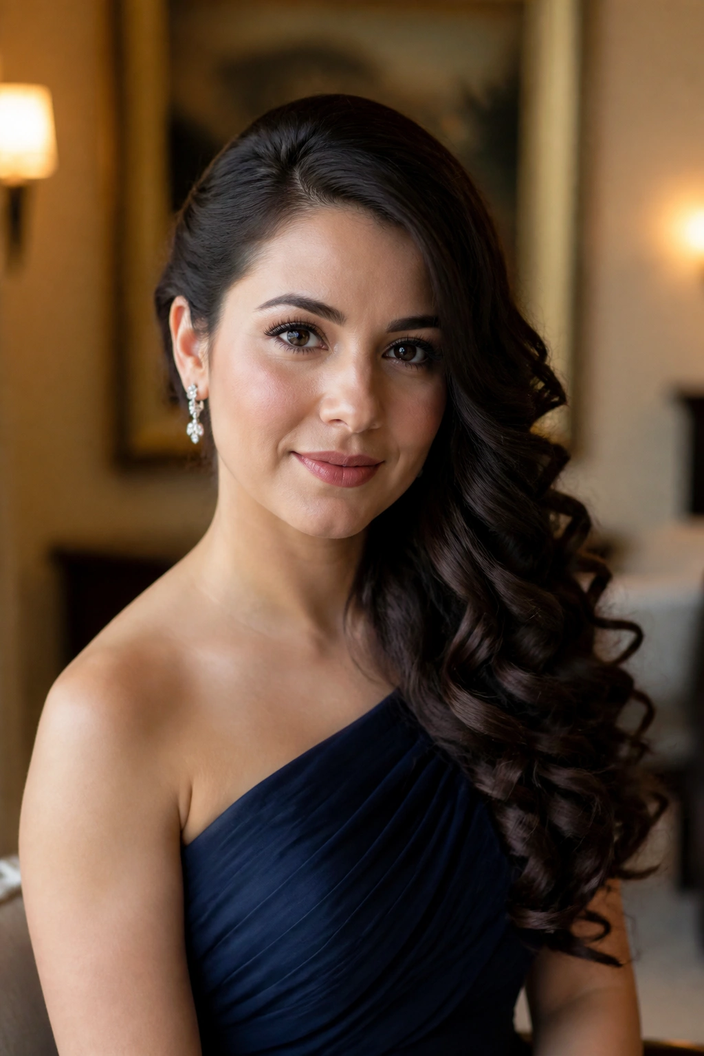 Portrait of a real woman with side-swept curls for formal days, one side pinned