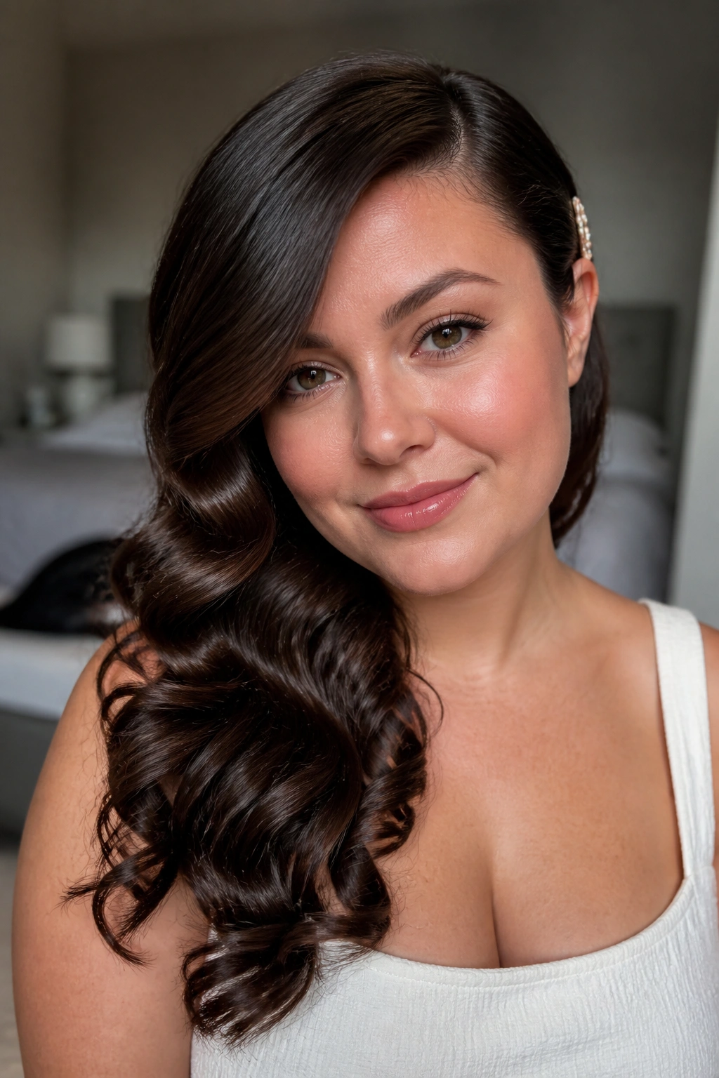 Close-up of a real woman with side-swept curls and a diagonal sweep in warm window light