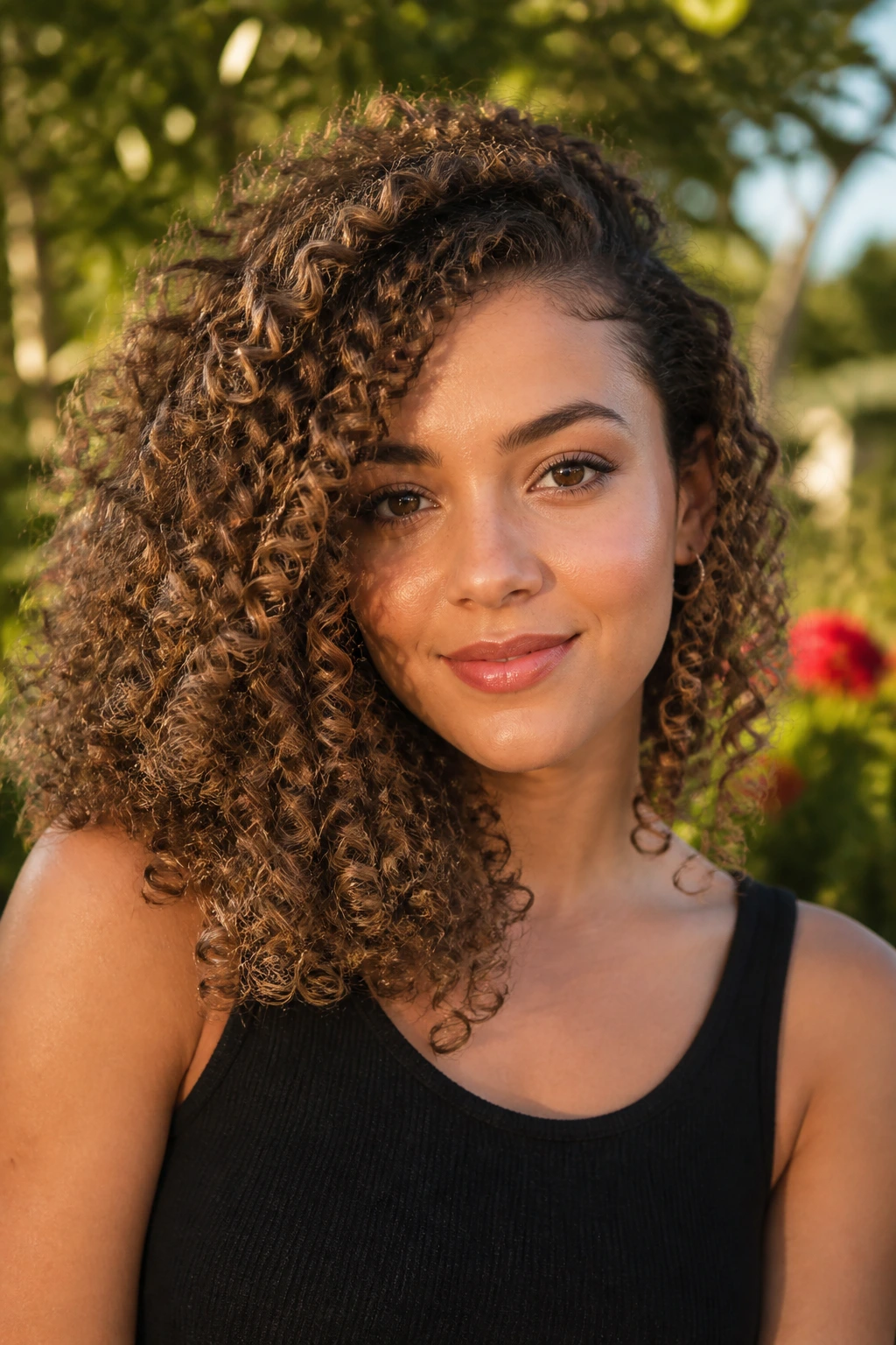 Close-up of a woman with side-swept curls for naturally curly hair