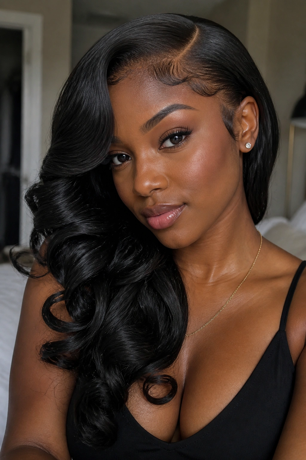 Close-up portrait of a real woman with side-swept curls and deep part, hair flowing over shoulder, soft window light