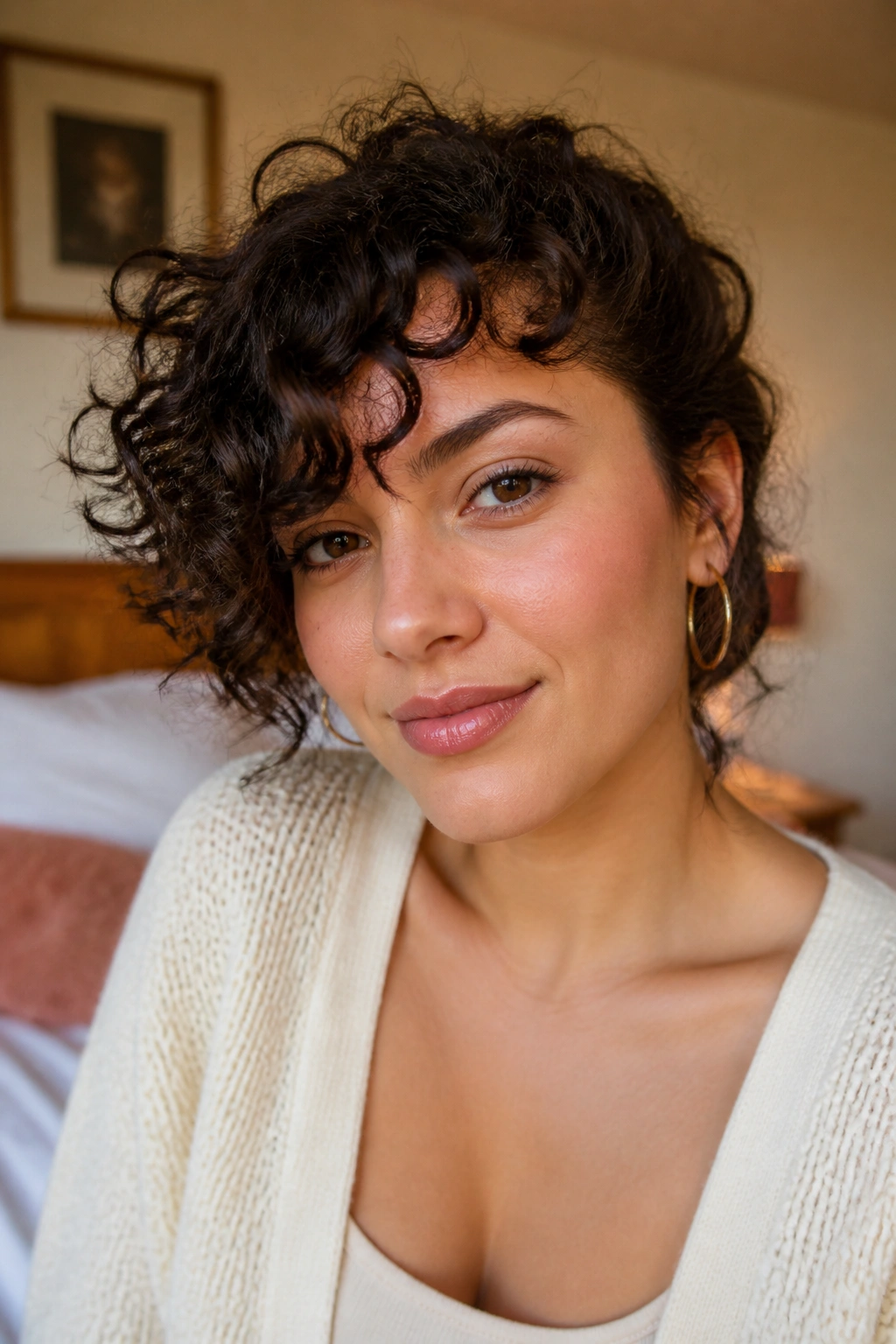 Close-up of a real woman with a side-swept curly fringe for round faces.