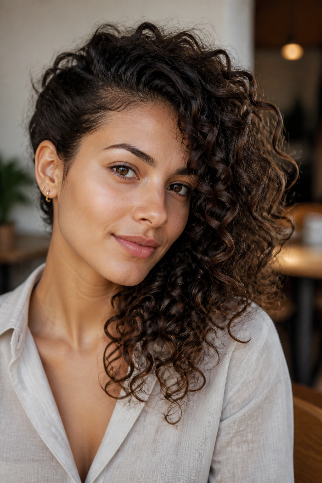 Close-up portrait of a real person with side-swept curls and one side tucked behind the ear