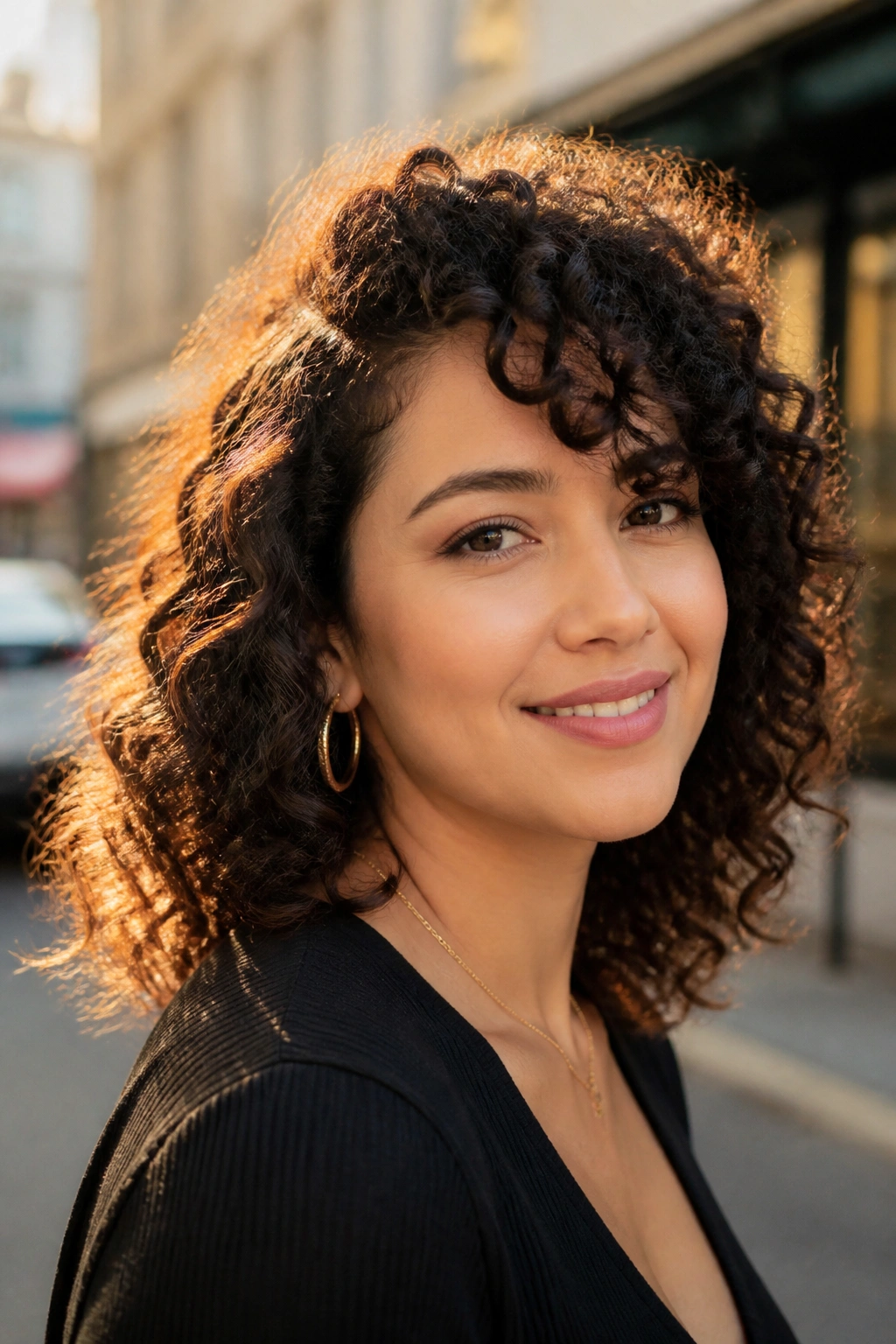 Close-up of a real woman with side-swept curly bangs in a diagonal sweep