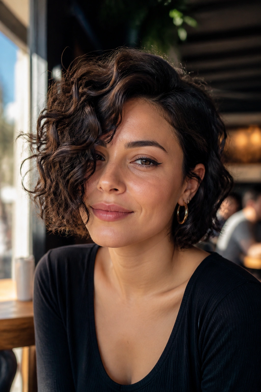 Portrait of a real person with a side-swept curly bob