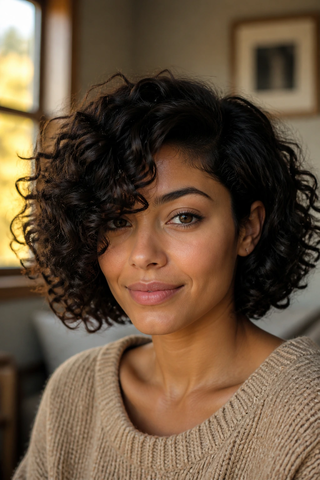 Close-up of a real person with a side-swept curly bob in warm window light.
