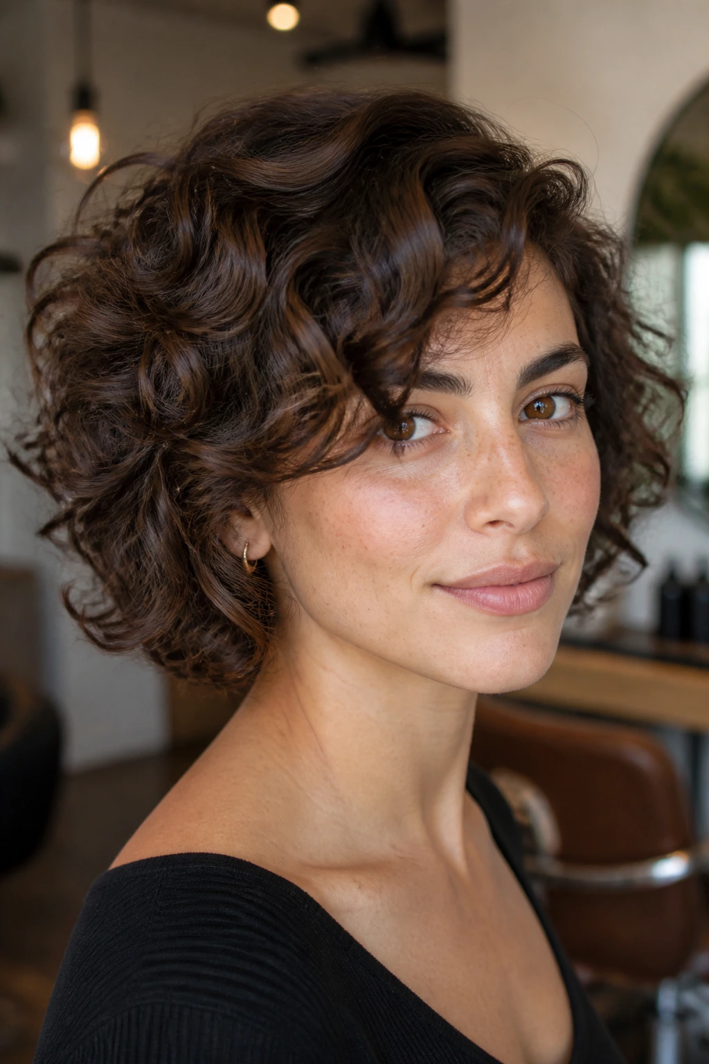 Portrait of a woman with side-swept curly bob and layered ends