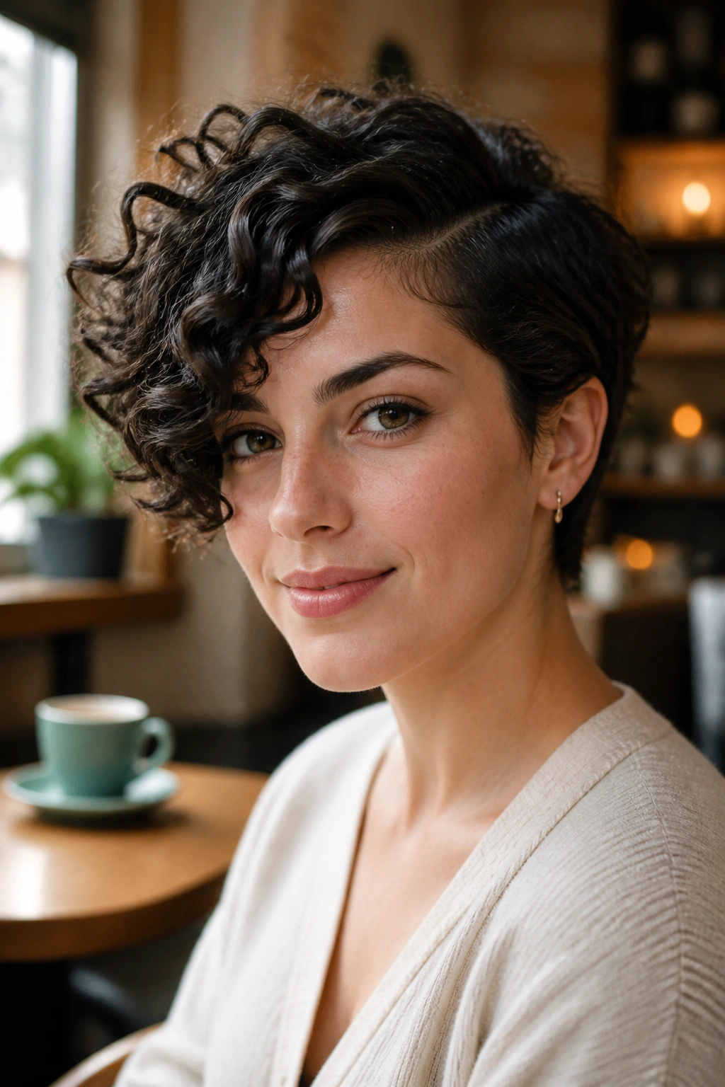 Portrait of a real person with side-swept curly front across the forehead