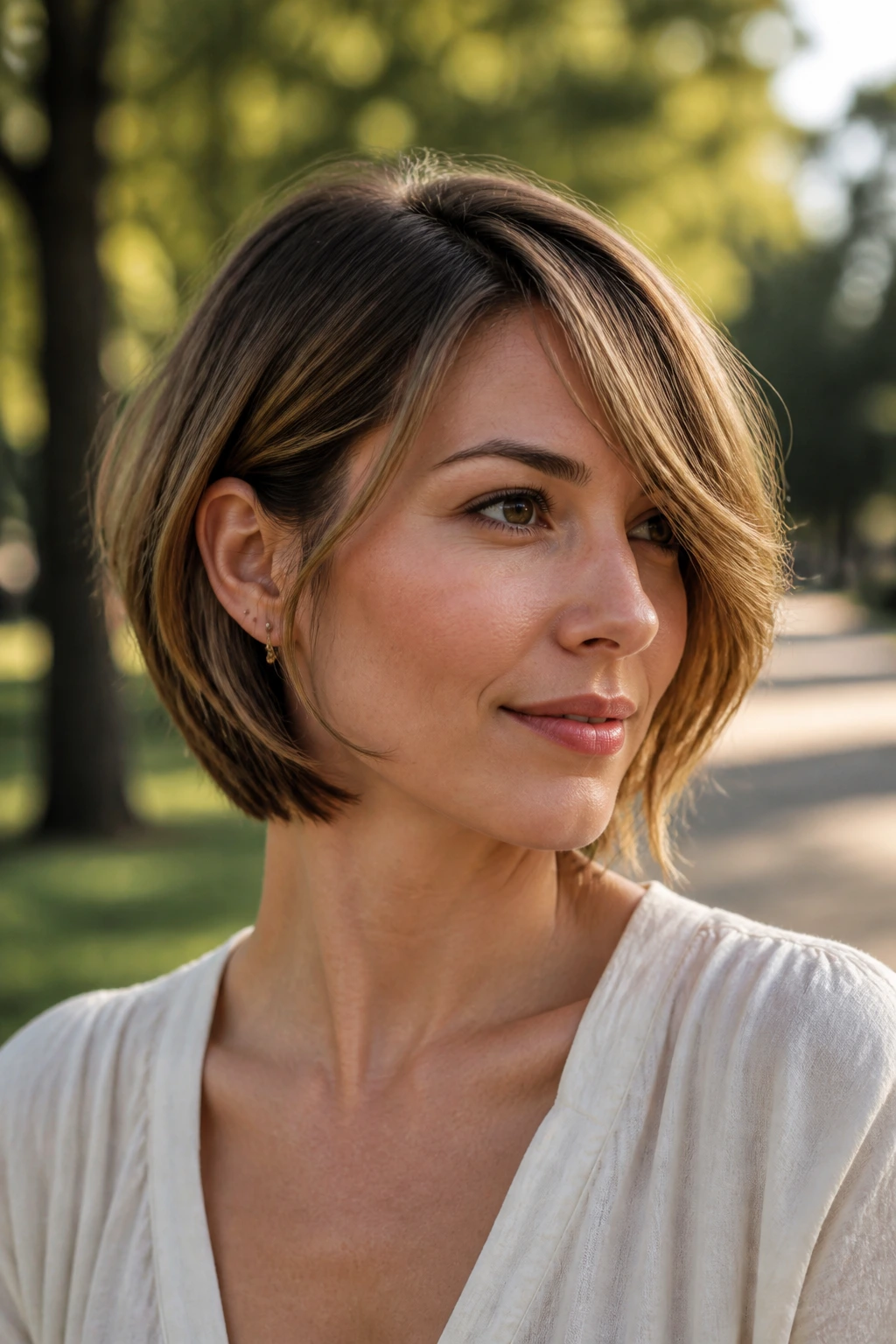 Close-up of a real woman with a side-swept curtain bob