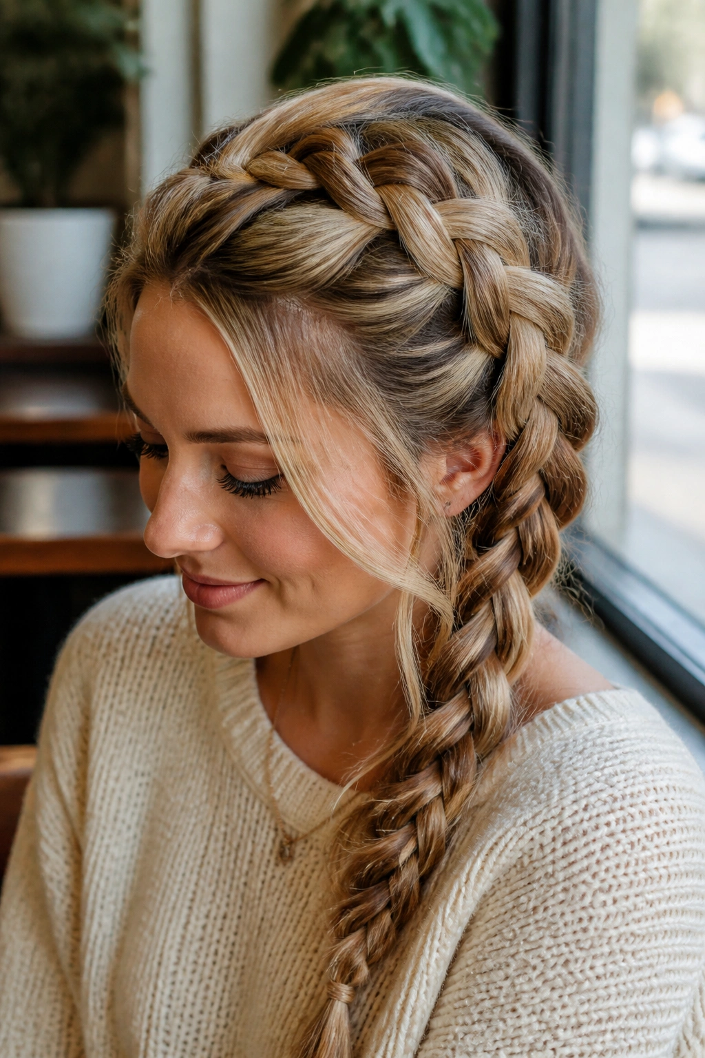 Close-up of a real person with a side-swept Dutch braid