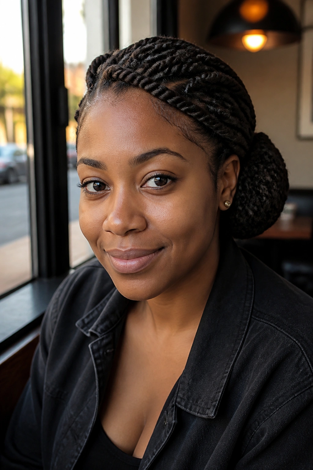Person with side-swept flat twists.