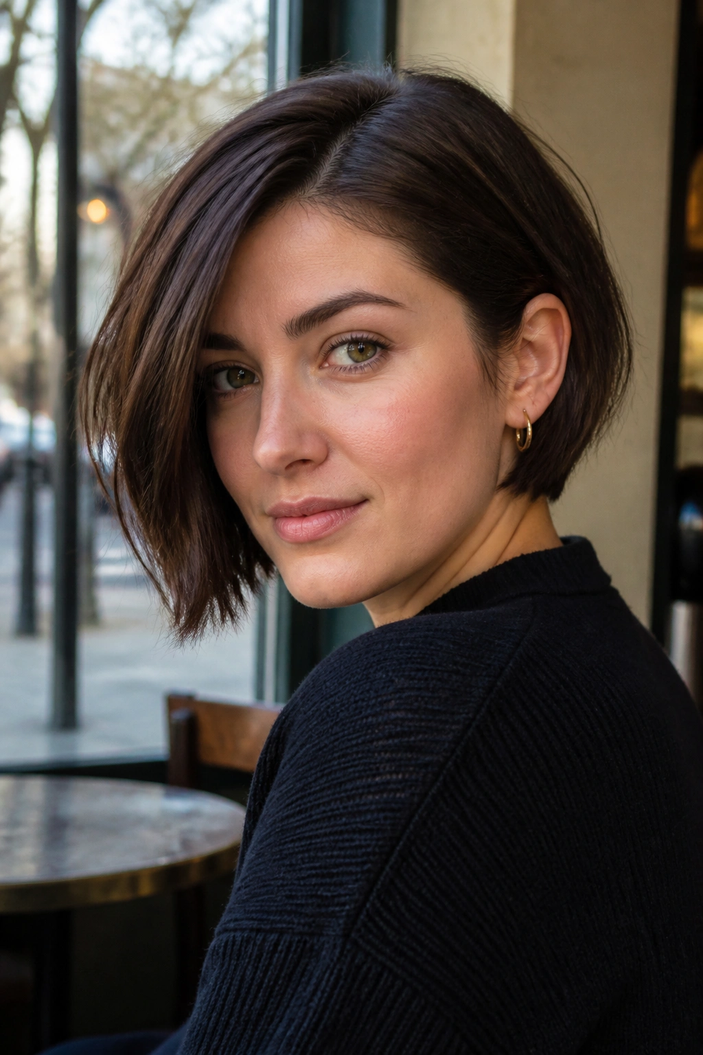 Real woman with a side-swept jaw-skimming French bob.