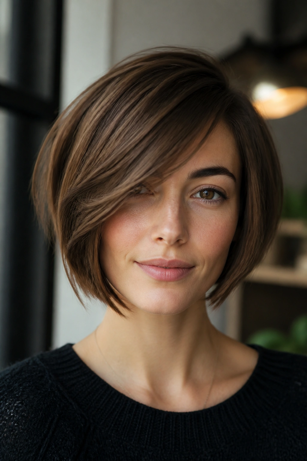 Close-up portrait of a real woman with a side-swept French bob and soft corners.
