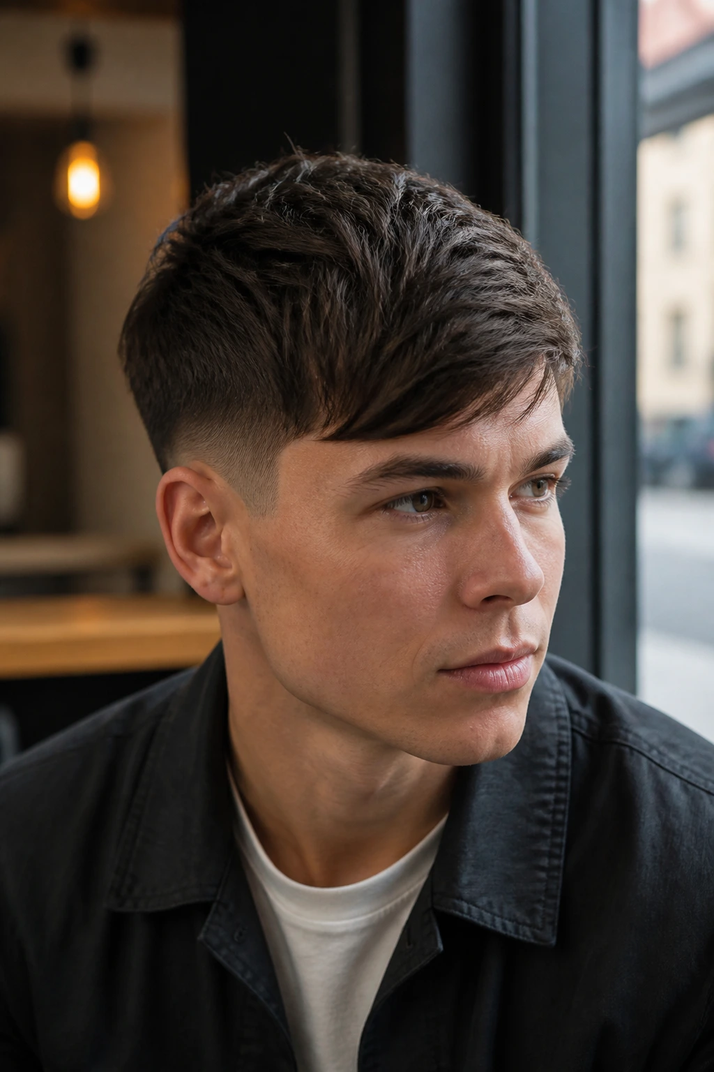 Portrait of real person with side-swept French crop under natural daylight
