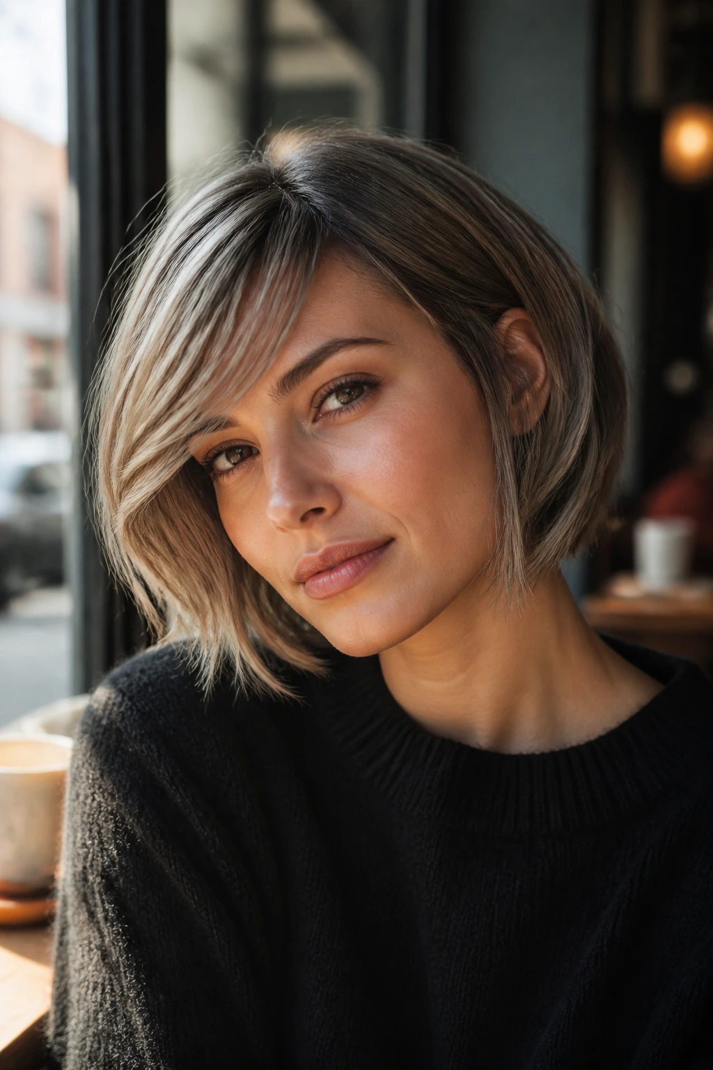 Real woman with side-swept fringe ash bob at cheekbone length in warm cafe light