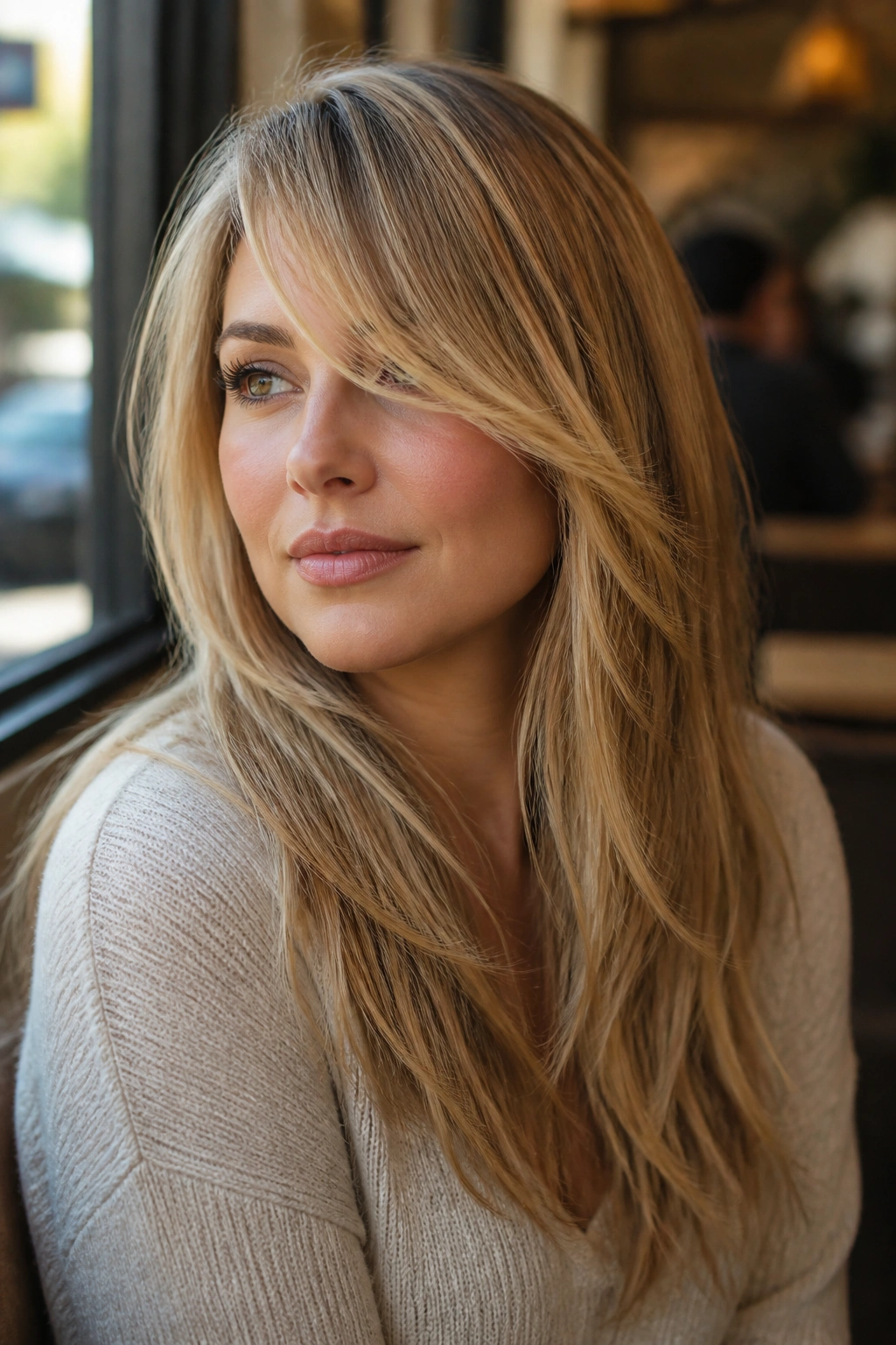 Close-up of a real woman with side-swept fringe blending into longer blond layers