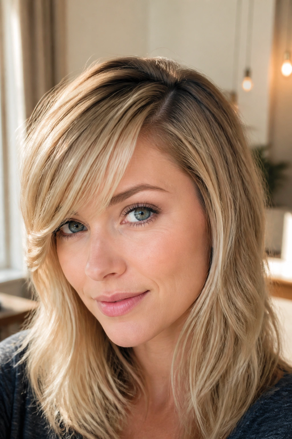 Portrait of a real woman with side-swept fringe and deep part