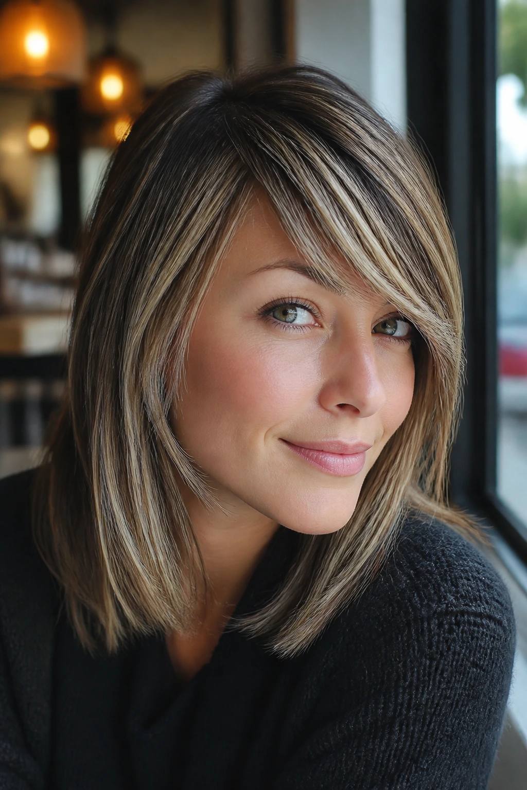 Close-up of side-swept fringe with blonde threads on a real woman