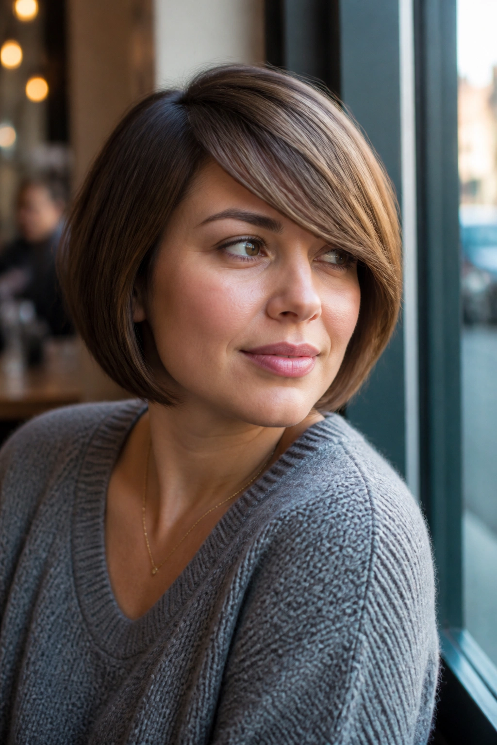 Close-up of a real woman with a side-swept fringe bob in a cafe setting.
