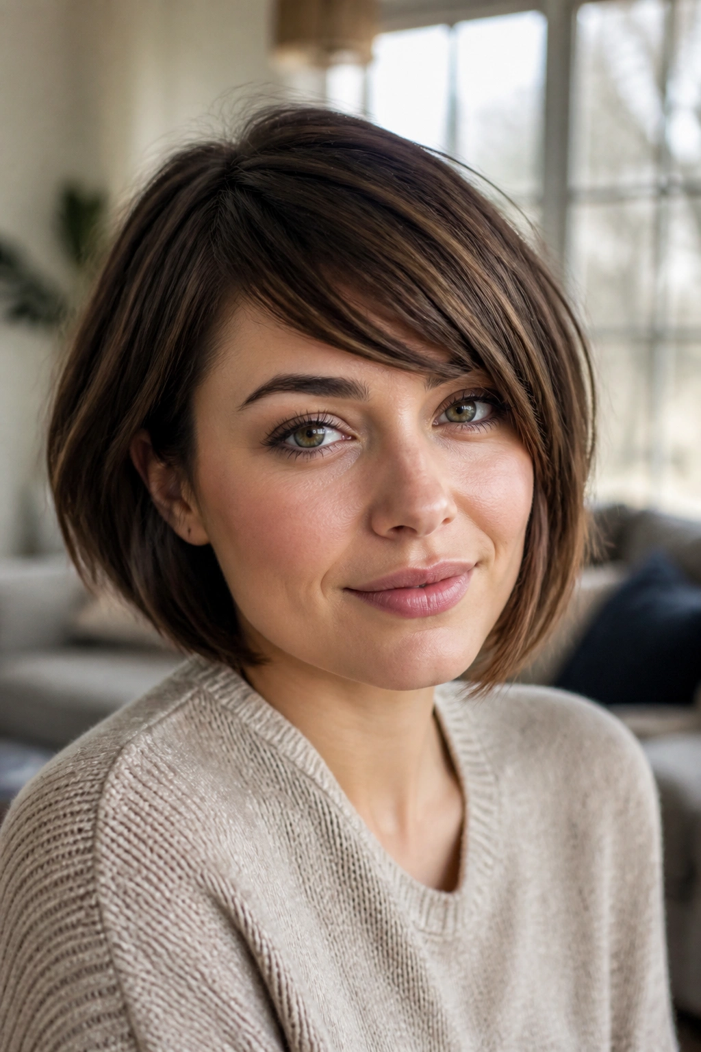Portrait of a woman with side-swept fringe bob