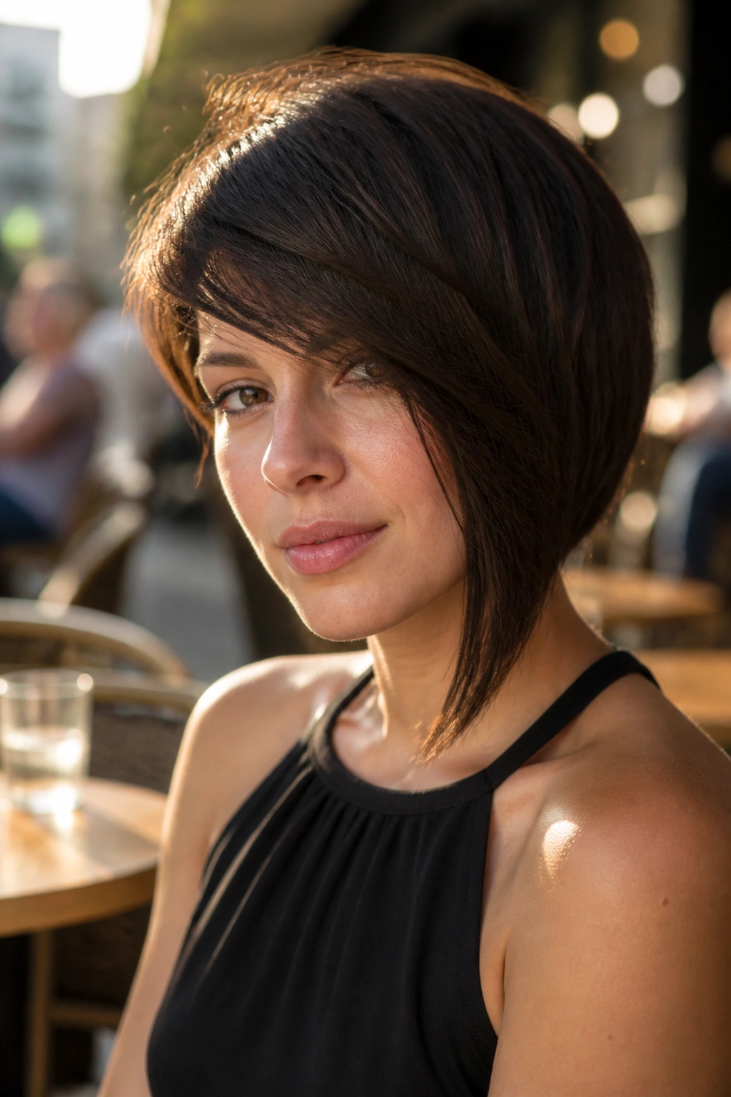 Close-up of a real woman with a side-swept fringe asymmetrical bob