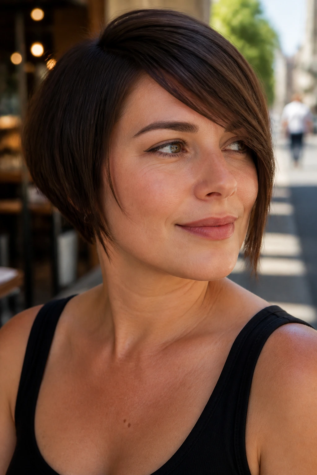 Close-up portrait of a real woman with side-swept fringe bob