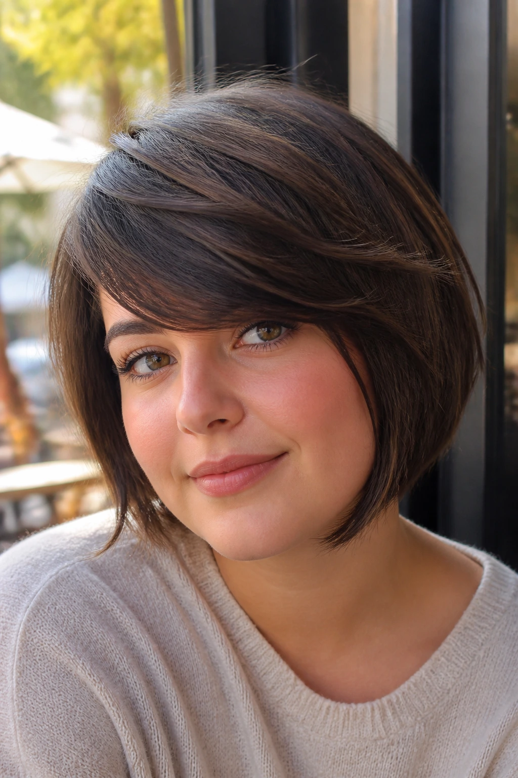 Close-up of a real woman with side-swept fringe bob across the brow