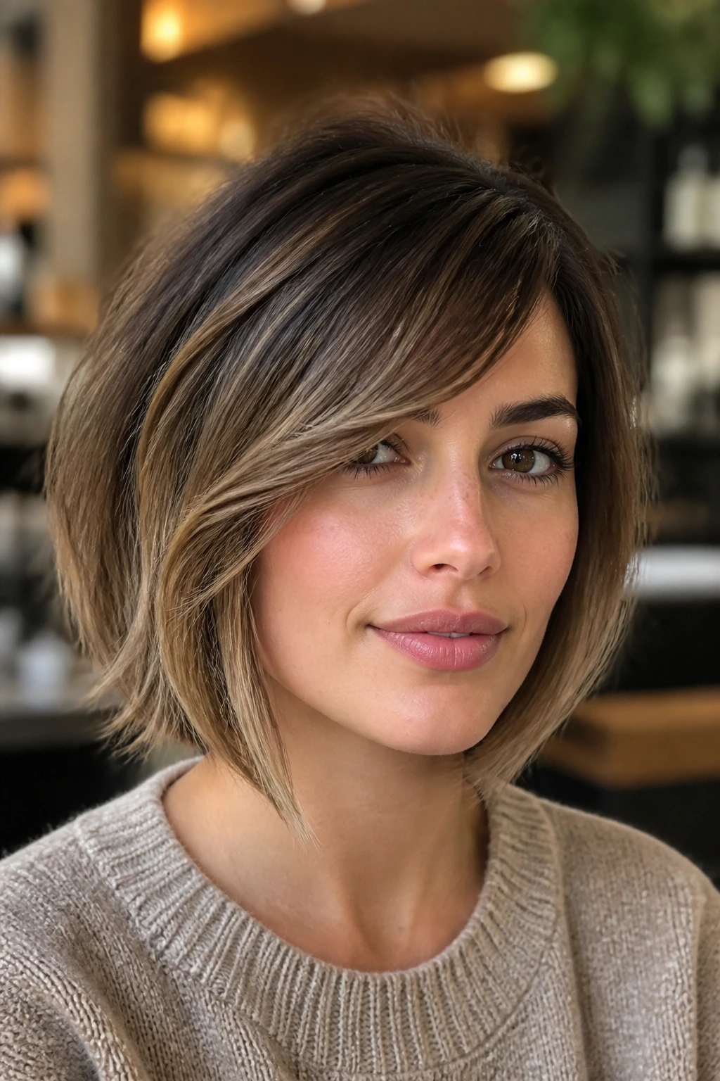 Real person with side-swept fringe and face-framing pieces