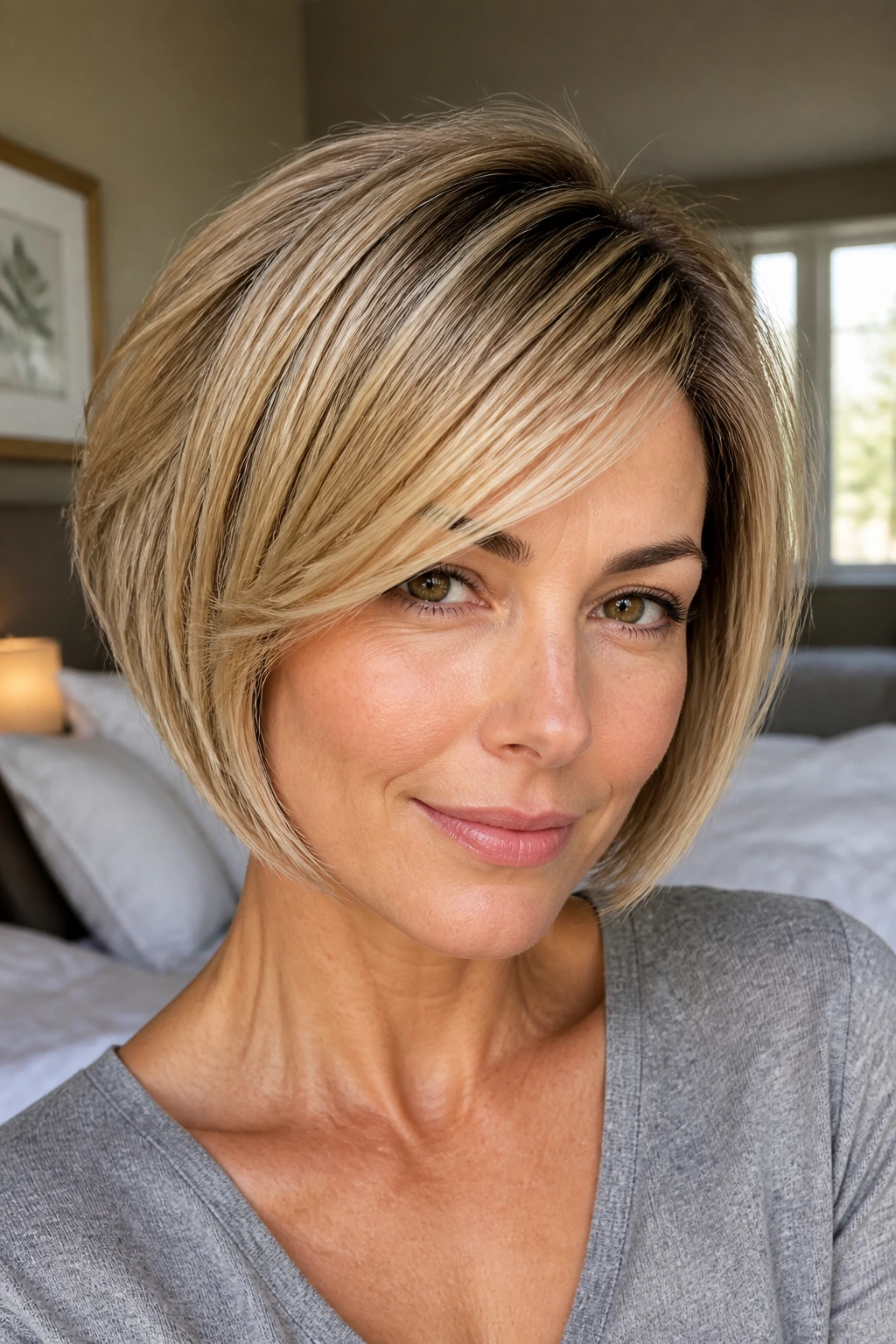 Close-up portrait of a real woman with a side-swept fringe bob and lifted crown