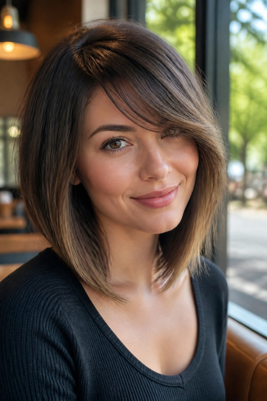 Portrait of a real woman with a side-swept fringe bob lifting the face.