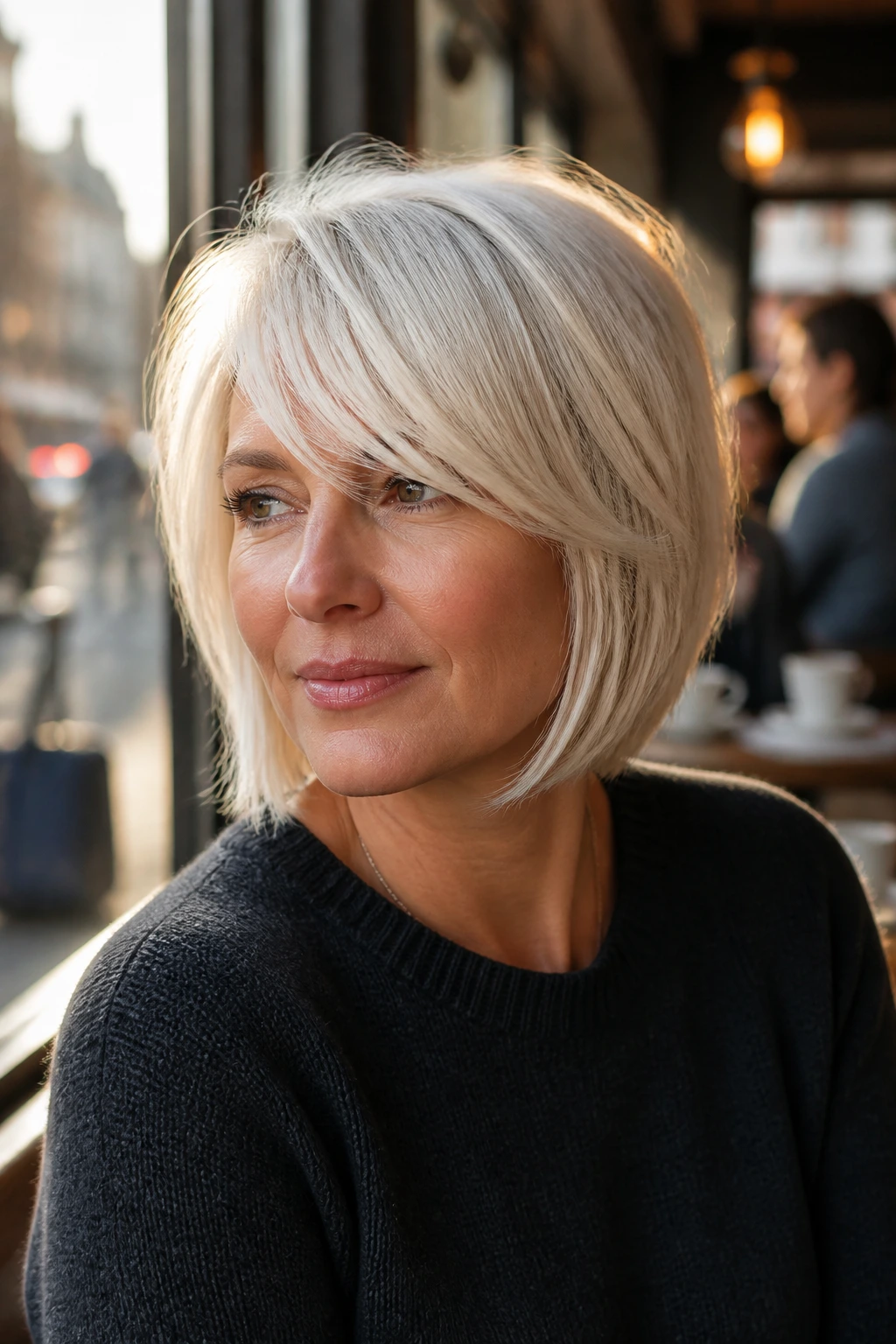 Close-up portrait of a real woman with side-swept fringe bob hairstyle
