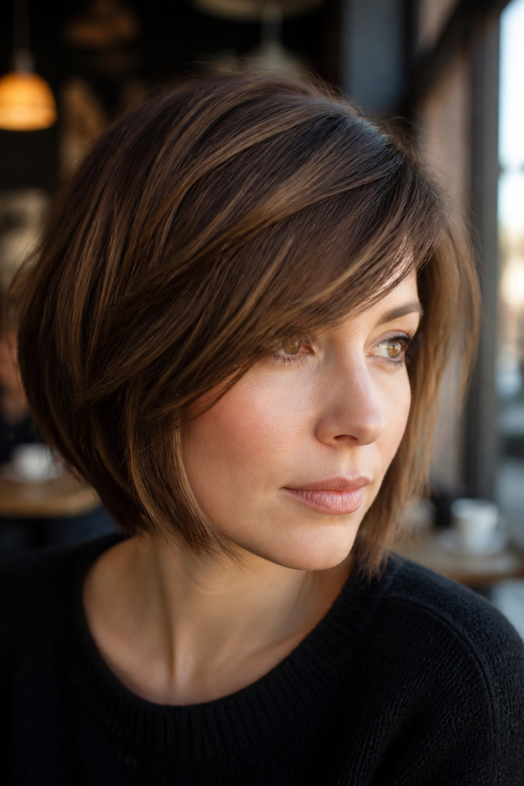 Portrait of a real woman with a side-swept fringe bob
