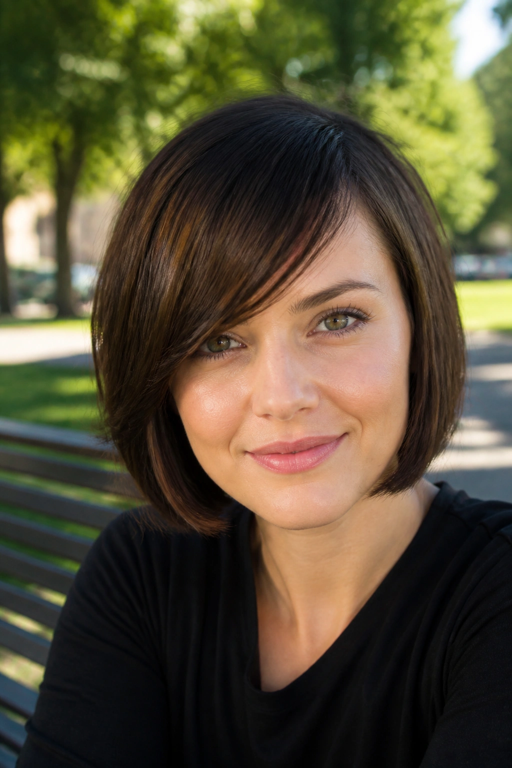 Close-up of a real woman with a side-swept fringe bob outdoors in daylight.