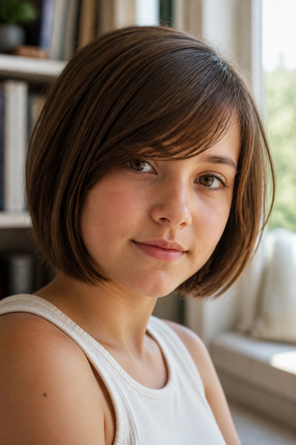 Close-up of a girl with a side-swept fringe bob in a cozy home setting.