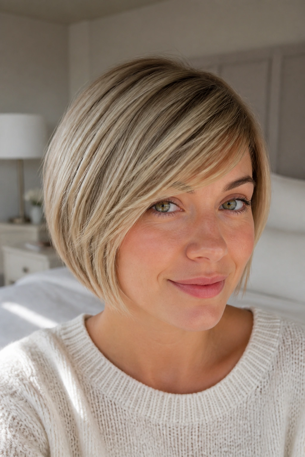 Real woman with side-swept fringe bob in soft window light