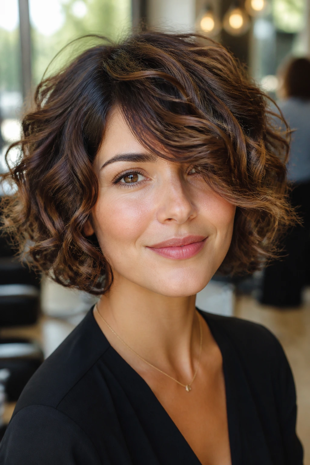 Close-up portrait of a woman with side-swept fringe bob opening the face.