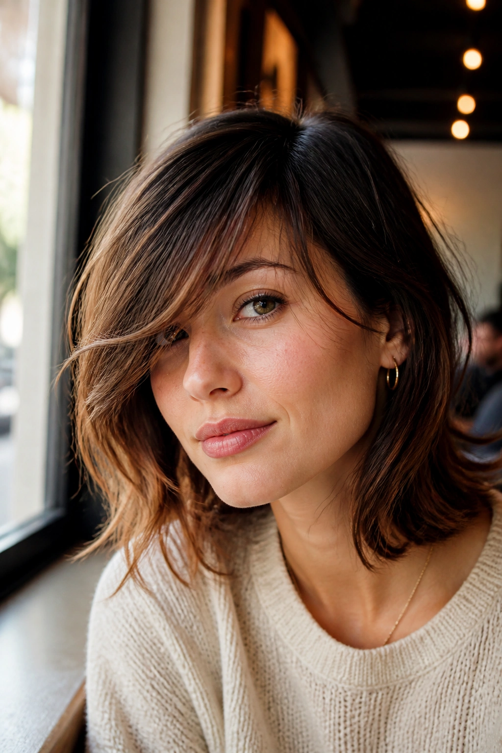 Close-up of a real woman with a side-swept fringe across the cheeks.