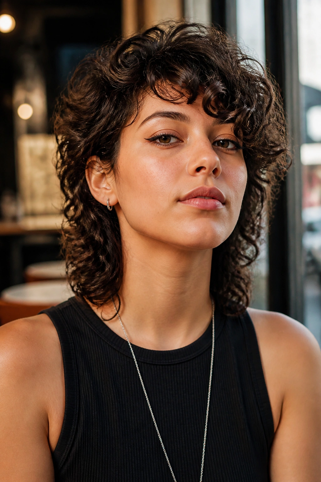 Portrait of a real person with a side-swept fringe curly mullet in a cafe window light