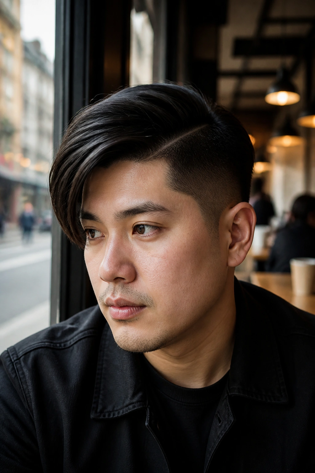 Close-up of a man with a side-swept fringe and sharp part in a cafe setting.