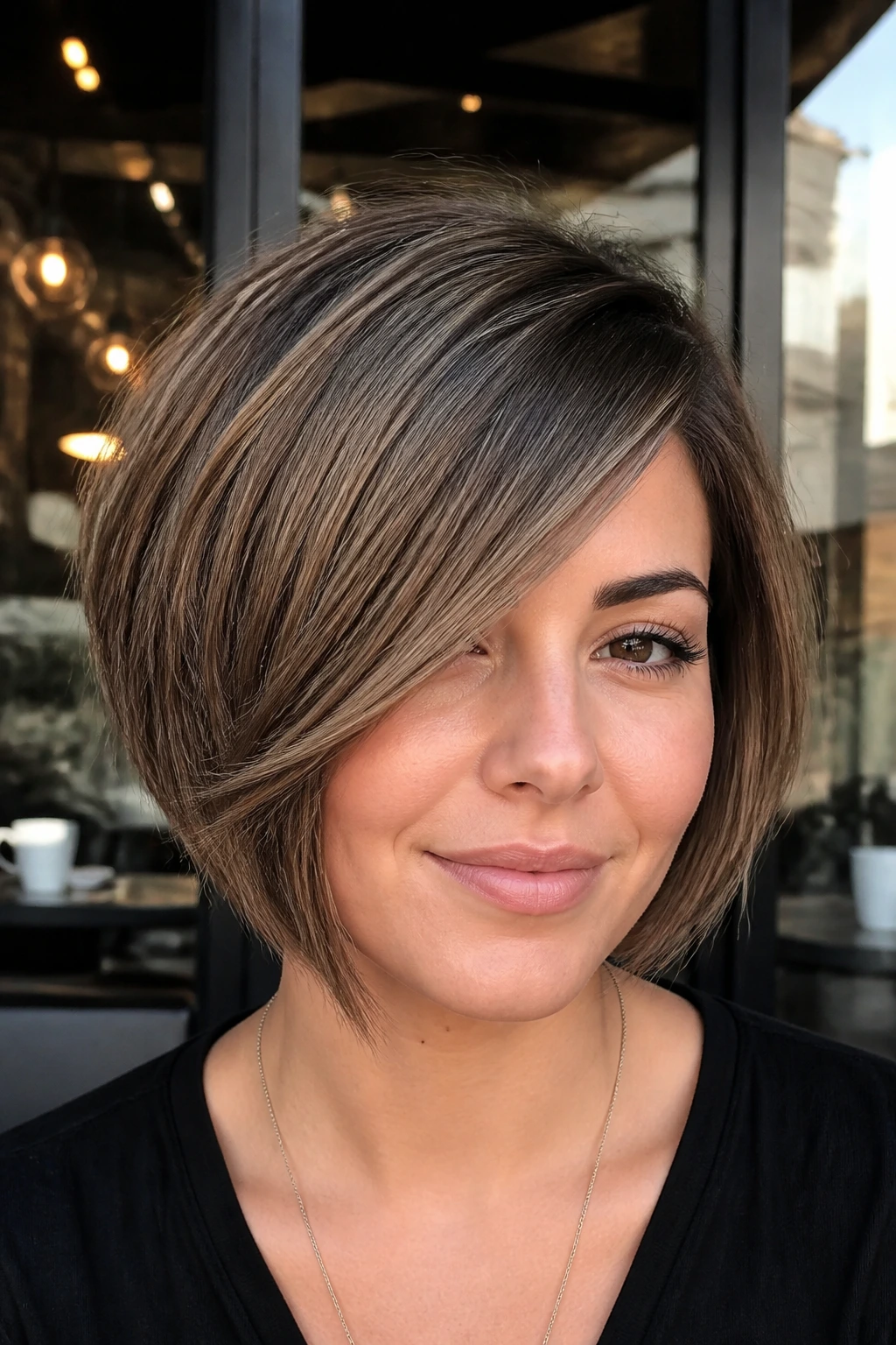 Portrait of a real woman with a diagonal side-swept fringe bob in a cafe window setting.