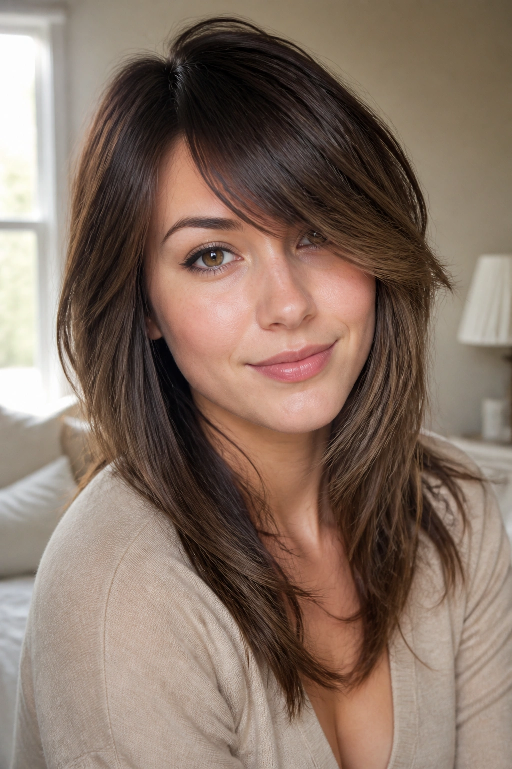 Close-up of a woman with side-swept fringe and elongating layers framing her cheekbones