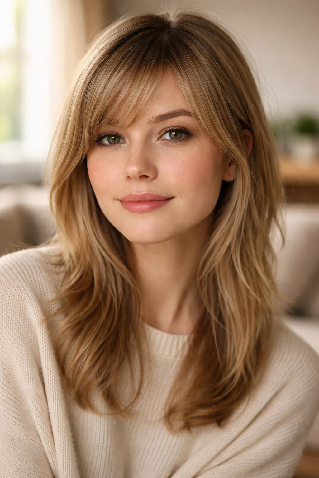 Close-up of side-swept French fringe on a real person